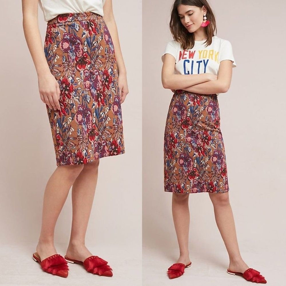 Maeve Anthropologie Golden Bliss Pencil Skirt  XS Floral Red Blue Texture